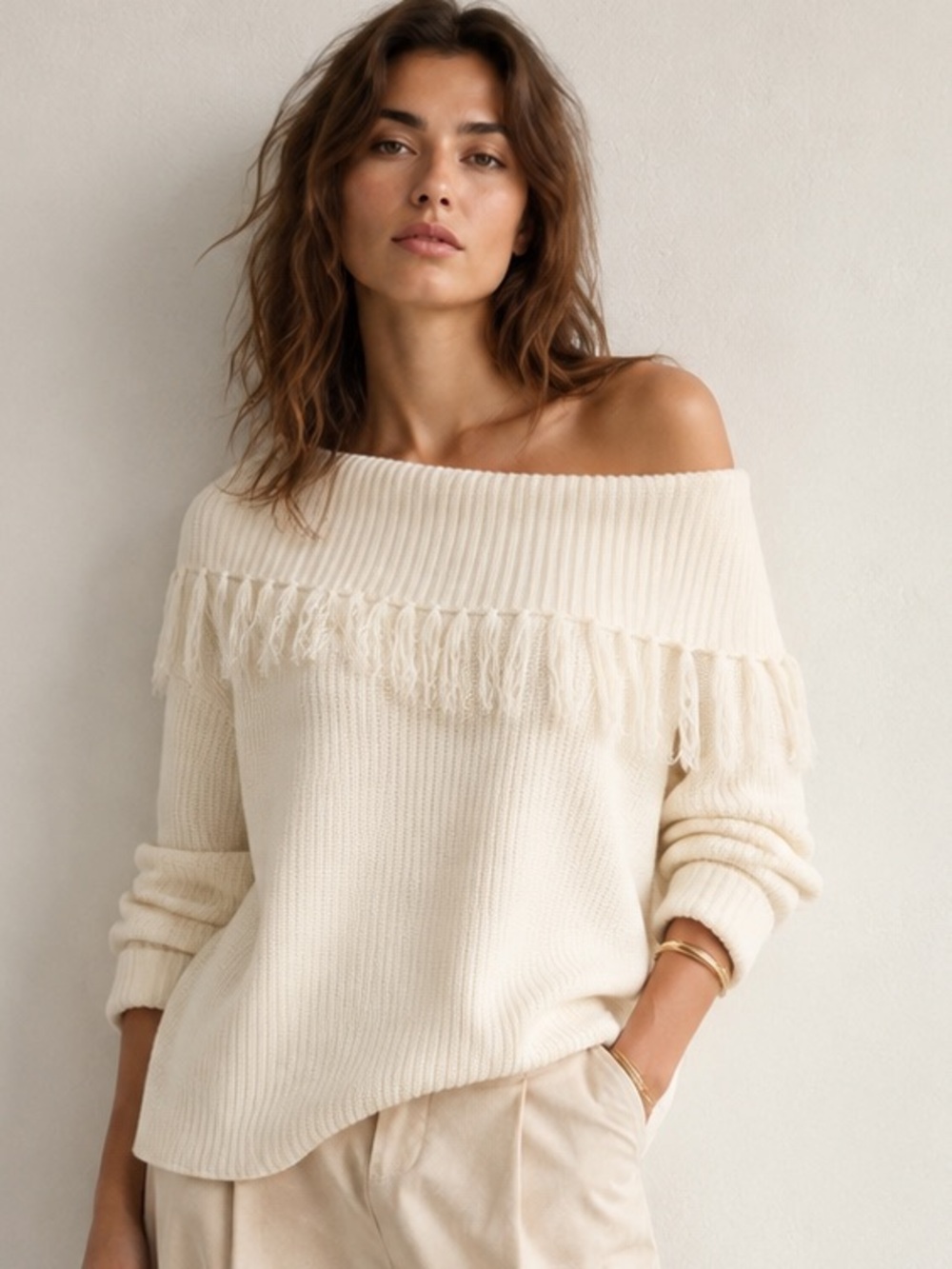 FORENZA Thick Knit Off the Shoulder Fringe Sweater